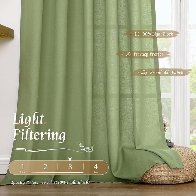 LAMIT Bedroom Linen Curtains 48 Inch Length 2 Panels, Soft Faux Linen Light Filtering Panels Rod Pocket Farmhouse Privacy Drapes for Kitchen/Window/Loft Room, 42 x 48 Inch, Sage Green