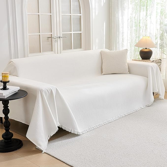MYSKY HOME Oversized Couch Cover Sofa Covers Couch Covers for 3 Cushion Couch Sofa Pet Friendly L Shaped Couch Cover Sectional Couch Covers Non Slip Furniture Protector for Kids, Dogs, 91"x150", White