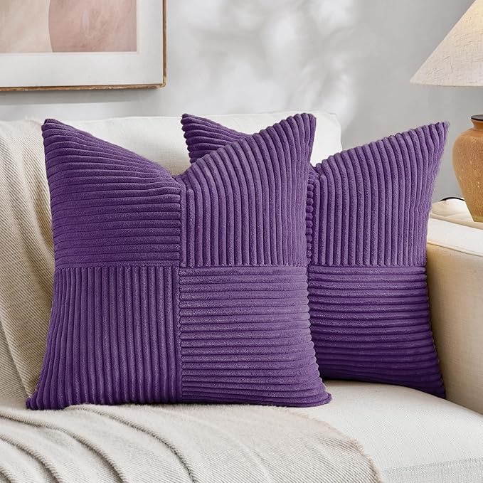 Fancy Homi 2 Packs Purple Samll Decorative Throw Pillow Covers 12x12 Inch with for Living Room Couch Sofa, Rustic Farmhouse Boho Home Decor, Soft Corss Patchwork Corduroy Square Cushion Case 30x30 cm