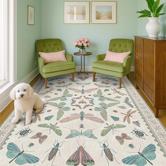 5x7 Pink and Green Nursery Rug - Colorful Rug for Playroom, Bedroom, Living Room, Insect Butterfly Floral Non-Slip Soft Carpet