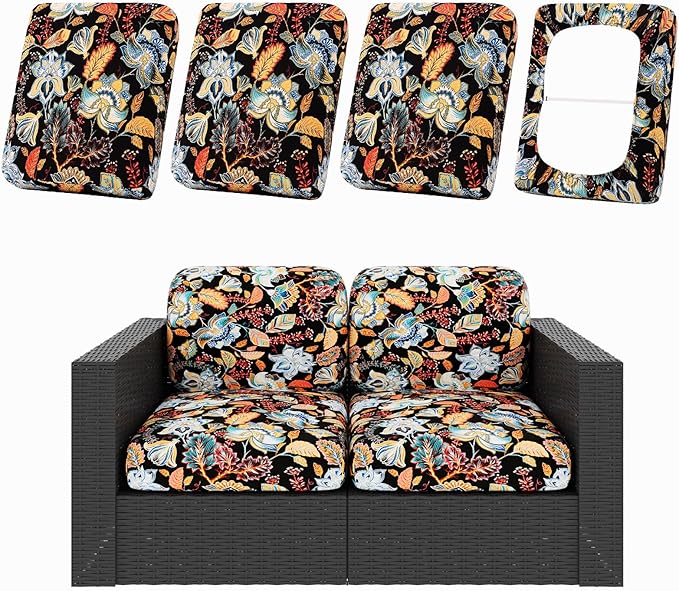 hyha 4Pcs Patio Cushion Covers, Stretch Outdoor Couch Cushion Covers Replacement, Washable Outdoor Chair/Sofa Slipcovers for Patio Furniture Cushions Protector with Elastic Bottom(Floral,Cover Only)