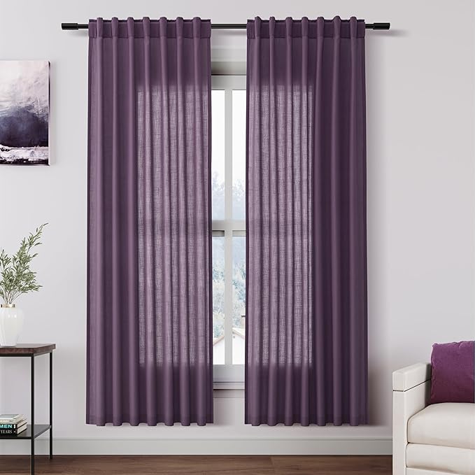 Plum Linen Curtains 72 Inch Length for Living Room Sheer Lightweight Door Drapes 2 Panels Set for Kids Bedroom Light Filtering Back Tab Rod Pocket Curtain for Kitchen Protect Privacy 52x72