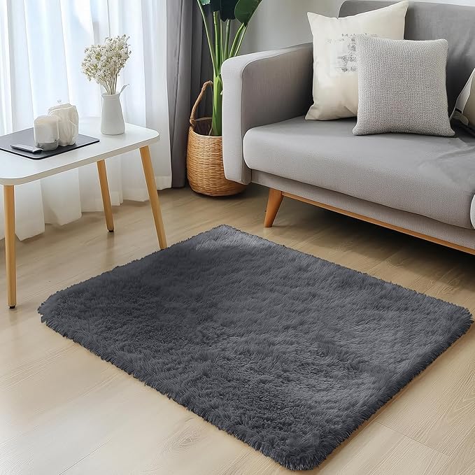 OLANLY 2x2 Machine Washable Small Rug, Soft Fluffy Shaggy Throw Rug for Bedroom, Entryway, Indoor Floor Carpet for Kids, Nursery, Home Decor, Grey