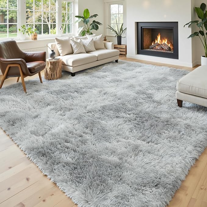 Area Rugs 10x14 Living Room, Shaggy Carpet Soft Plush Furry Bedside Rug Large Area Rugs for Bedroom Kids Girls Boys Home Decor Anti Slip(10 x 14, Light Grey Tie-Dyed)