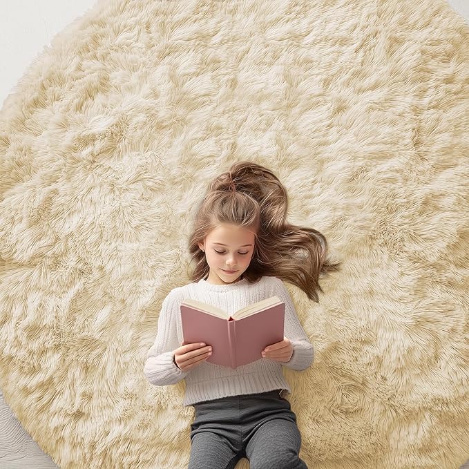 OLANLY Cream Round Rugs for Bedroom - Machine Washable, 6 ft Circle Area Rugs for Living Room, Soft and Fluffy Shaggy Carpet for Teen Girl and Boys, Nursery Rooms, Dorms, Home Decor Aesthetic