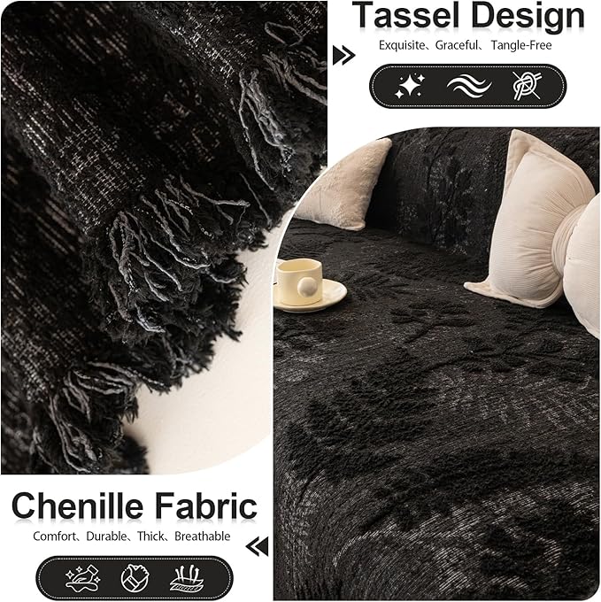 HANDONTIME Washable Couch Covers for Sofa Boho Couch Covers for 3 Cushion Sofa Pet Friendly Black Chenille Jacquard Couch Protector for Dogs Plant Branch Sectional Cover Sofa Slipcovers, 71" X 150"