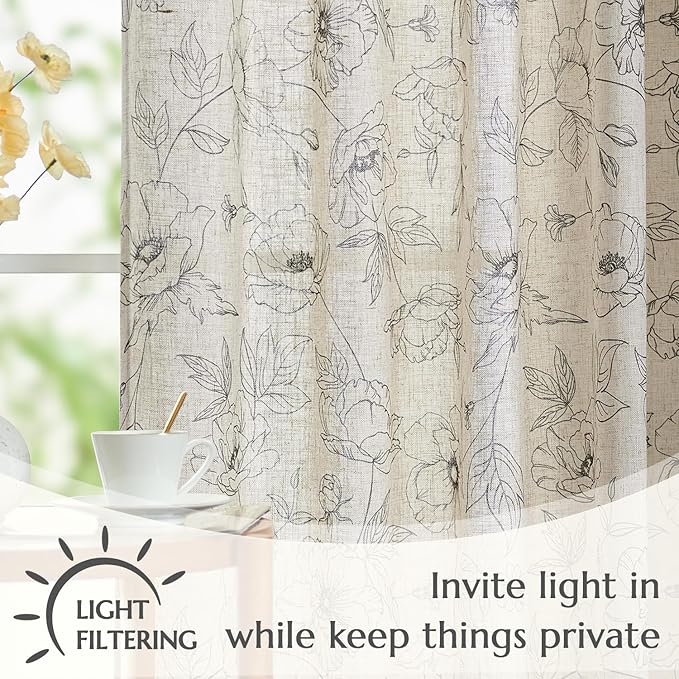 jinchan Floral Linen Curtains for Living Room 63 Inch Length Grey Flower Curtain Rod Pocket Back Tab Farmhouse Curtains with Printed Floral Bedroom Window Curtain Set, 2 Panels Gray