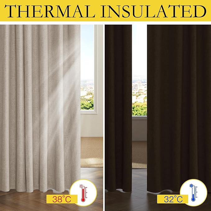 NICETOWN Oatmeal Vintage Open Linen Weave Flax Thermal Curtains, 100% Blackout Curtains 84 inches Long for Dining Room, Soundproof Window Treatment Drapes for Hall Room, 52" Wide Per Panel, Set of 2