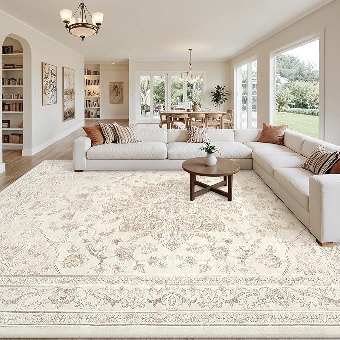 Area Rugs 9x12 Living Room: Vintage Boho Neutral Washable Rug Indoor Soft Large Area Rug Carpet for Bedroom Nursery Farmhouse Dining Room Office Floor Non-Slip Low Pile Under Table Rug Beige White