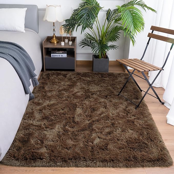 Goideal Fluffy Rug for Bedroom Living Room, 5x7 Brown Area Rugs, Faux Fur Shag Modern Carpet Ultra Soft Girls Boys Room Home Decor, Solid