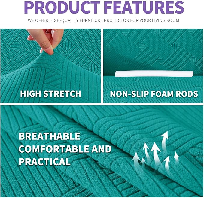 ZNSAYOTX Super Stretch Loveseat Covers (57"-70"), New Striped Love Seat Slipcover, Dogs Pet Friendly Anti-Slip Couch Protector Spandex Durable 2 Seater Fabric Sofa Cover (Peacock Teal, Loveseat)