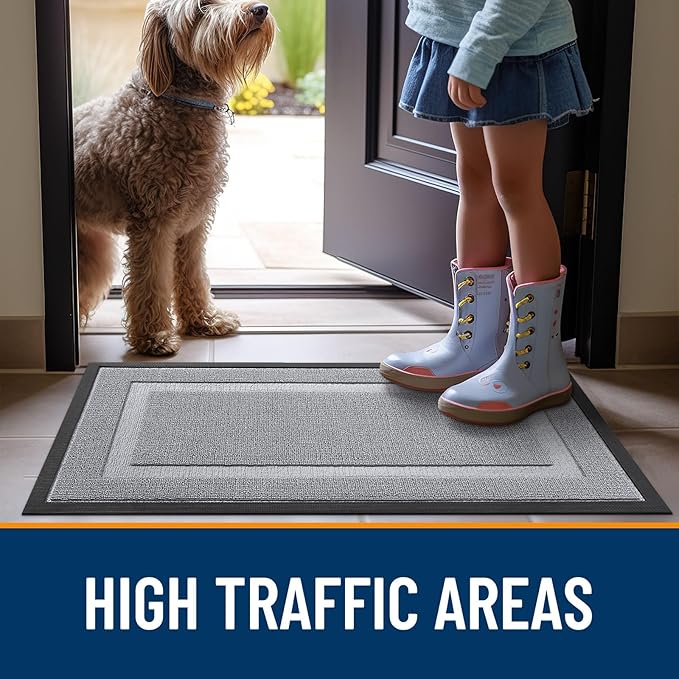 OLANLY Front Door Mat Indoor Outdoor Entrance, Waterproof All-Season, All-Weather Doormat, Sturdy Natural Rubber, Low Profile, Easy Clean Patio Porch Entryway Mat, 35x23, Silver Gray