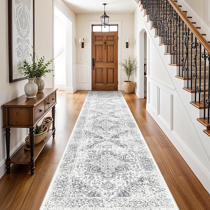 Washable 2'6''x12' Runner Rug - Non-Slip Vintage Runner Rug for Entryway Low-Pile Medallion Long Rugs for Hallway Waterproof Traditional Runner Rugs Indoor Thin Rug for Kitchen Grey