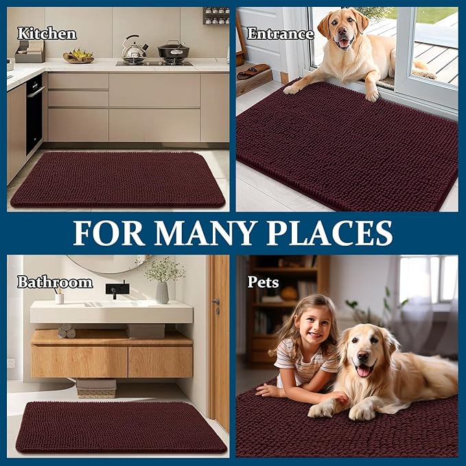 OLANLY Dog Door Mat for Muddy Paws 32x20, Absorbs Moisture and Dirt, Absorbent Non-Slip Washable Doormat, Quick Dry Chenille Mud Mat for Dogs, Entry Indoor Entryway Carpet for Inside Floor, Russet