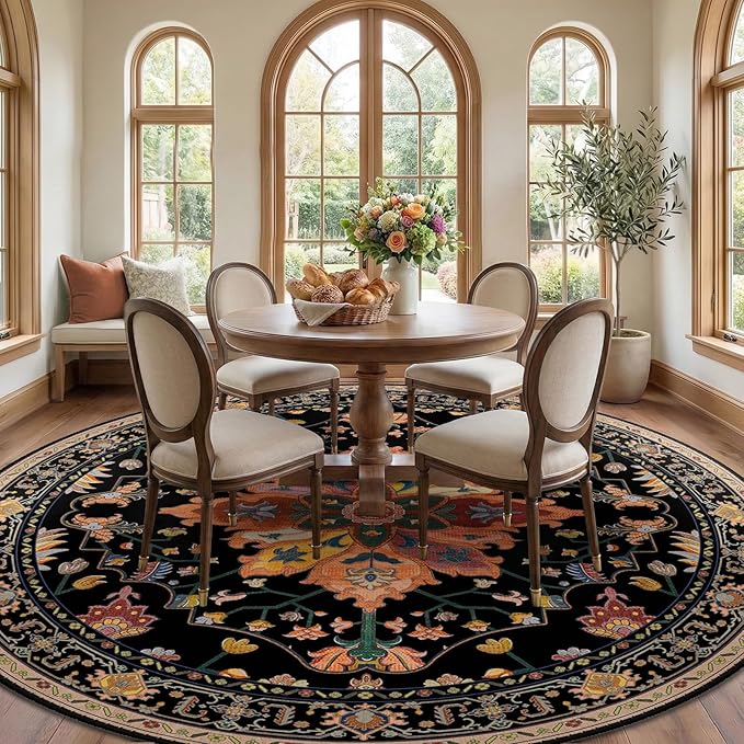 RELEANY Area Rugs 8ft Washable Non-Slip, Floral Vintage Distress Print Pattern Medallion Carpet for Living Room Bedroom Dining Room, Black Colorful Floral Dark Tan