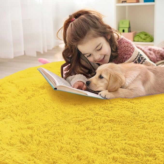OLANLY Yellow Round Rugs for Bedroom - Machine Washable, 4 ft Circle Area Rugs for Living Room, Soft and Fluffy Shaggy Carpet for Teen Girl and Boys, Nursery Rooms, Dorms, Home Decor Aesthetic