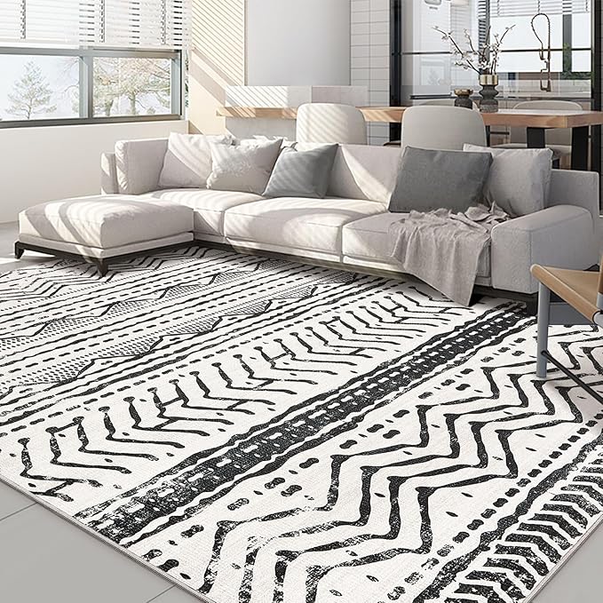 Nakagishi Black Rug Living Room Rugs: 9x12 Machine Washable Boho Large Neutral Modern Soft Moroccan Stain Resistant Indoor Floor Non Slip Accent Carpet for Bedroom Nursery Kids Playroom Office