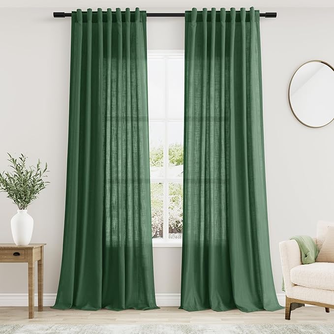 Green Semi Sheer Curtains 120 Inches Long 2 Panels Set Back Tab Loop Pocket Linen Blend Boho Large Window Curtain Extra Long Light Filtering Drapes High Ceiling Curtains for Living Room 52x120