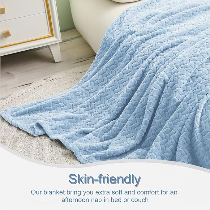 Exclusivo Mezcla Fleece Twin Size Blanket for Bed, 60x80 Inches Soft Cozy Jacquard Flannel Blankets, Lightweight Fuzzy Plush Warm for Women, Light Blue