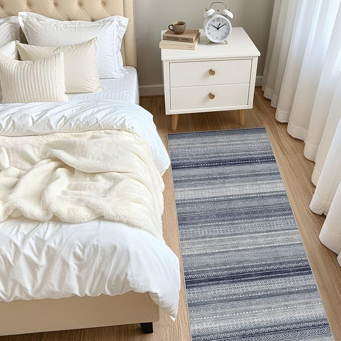 Nakagishi Area Rug Living Room Rugs: 3X8 Machine Washable Boho Large Neutral Farmhouse Stain Resistant Moroccan Indoor Floor Carpet for Bedroom Nursery Dorm Dining Room Home-Denim Blue