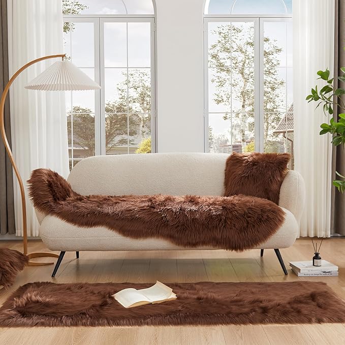 EasyJoy Ultra Soft Fluffy Shaggy Area Rug Faux Fur Rug Chair Cover Seat Pad Fuzzy Area Rug for Bedroom Floor Sofa Living Room (2 x 6 ft Sheepskin, Coffee)
