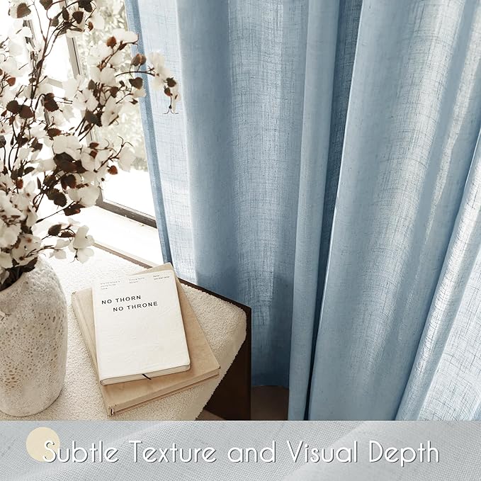 Dusty Blue Linen Curtains for Living Room Back Tab Light Filtering Semi Sheer Light Blue Bedroom Curtain Linen Cotton Textured Grey Blue Drapery Panel Airy Modern Farmhouse Aesthetic Decor 52x120 Long
