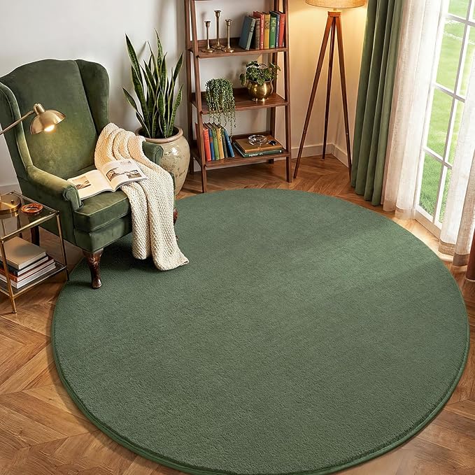 Amearea Sage Green Round Area Rugs 5ft Washable Circle Rugs for Bedroom Living Room, Fluffy Indoor Thickened Memory Foam Rug, Non Slip Minimalist Circular Carpet for Kids Boy Girl Dorm Nursery Room