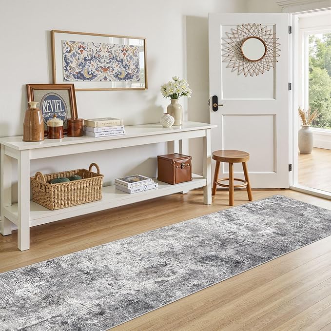 UERMEI 2X8 Washable Runner Rug for Hallway: Soft Neutral Modern Abstract Area Rug - Non-Slip Low Pile Long Throw Indoor Carpet for Kitchen Entryway Kitchen Bedroom Laundry - Grey