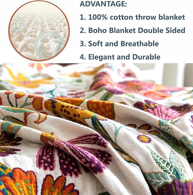 MSGKV Spring Throw Blanket for Couch, 100% Cotton Muslin Breathable Woven Bed Throws 60''x80'' Boho Vintage Quilt for All Seasons Lightweight Farmhouse Blankets Home Decoration
