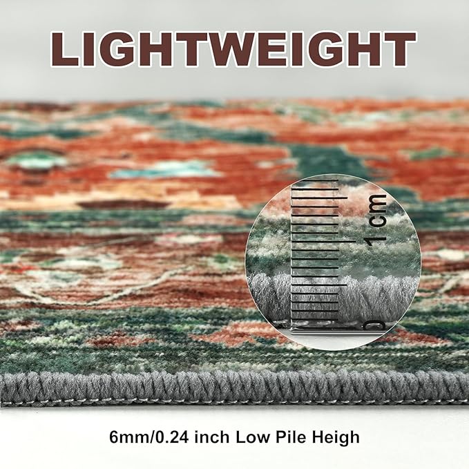Yamaziot 6x9 Large Area Rug, Non-Slip Washable Boho Vintage Living Room Rug with Rubber Backing, Low Pile Faux Wool Soft Distressed Rug Floor Carpet for Dinning Room, Bedroom