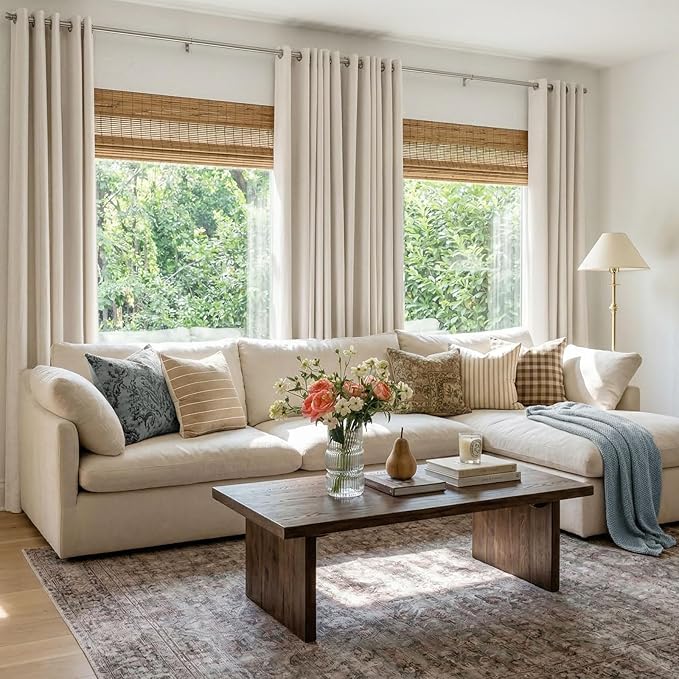 100% Blackout Shield Linen Blackout Curtains for Bedroom, Beige Grommet Curtains for Living Room, Thermal Insulated Room Darkening Drapes for Nursery, Boho Home Decor, 50" W x 96" L, 2 Panels
