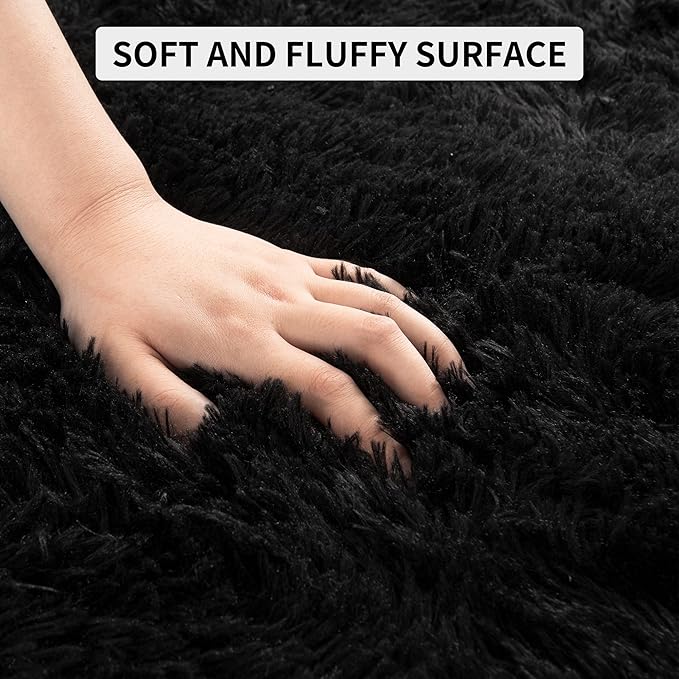 Tepook Super Soft Fluffy Rug for Bedroom, Modern Shaggy Fuzzy Kids Rugs for Living Room, Plush Indoor Nursery Home Decor Dorm Carpet with Non-Slip Bottom, Black, 4 X 6 Feet
