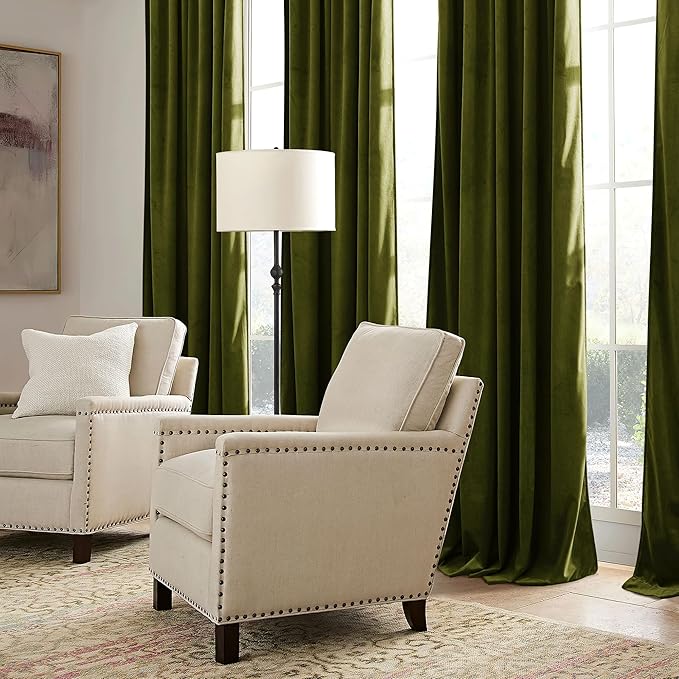 RYB HOME Moss Green Velvet Curtains 72 inches with Hook Belt, Soft Fabric Room Darkening Thermal Insulated Luxurious Home Decor Curtains for Living Room Bedroom, W 42" x L 72", 2 Panels Set
