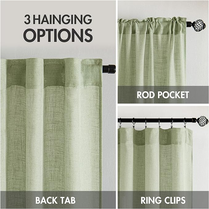 MIULEE Sage Green Linen Curtains 108 Inches Long for Bedroom Living Room, Soft Thick Linen Textured Window Drapes Semi Sheer Light Filtering Back Tab Rod Pocket Burlap Look, 2 Panels