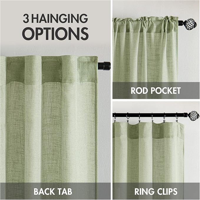 MIULEE Sage Green Linen Curtains 54 Inch Length 2 Panels for Bedroom Living Room, Soft Thick Linen Textured Short Window Drapes Semi Sheer Light Filtering Back Tab Rod Pocket Burlap Look Decor