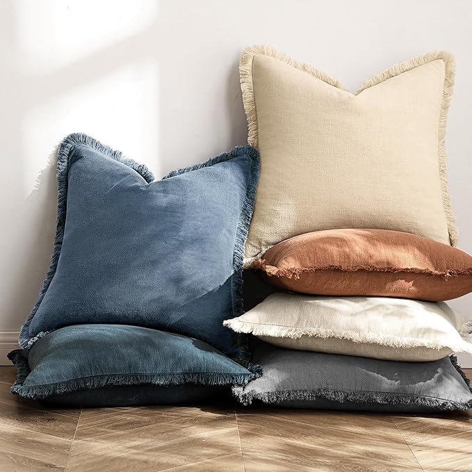 MIULEE Decorative Throw Pillow Covers Neutral Linen Fringe Throw Pillows Set of 2 Blue Ashes Boho Farmhouse Cushion Covers with Tassels for Couch Sofa Bed Spring Home Decor 22x22 Inch