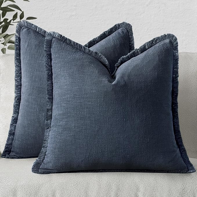 MIULEE Decorative Throw Pillow Covers Neutral Linen Fringe Throw Pillows Set of 2 Indigo Blue Boho Farmhouse Cushion Covers Coastal Decor for Couch Sofa Bed Living Room Spring Decor 24x24 Inch