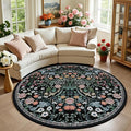 Round Area Rug for Living Room: 6 ft Floral Washable Circle Rug Soft Boho Non-Slip Carpet Indoor Stain Resistant Low Pile Small Circular Rug for Bedroom Entryway Kitchen Nursery Home Office Dark Black