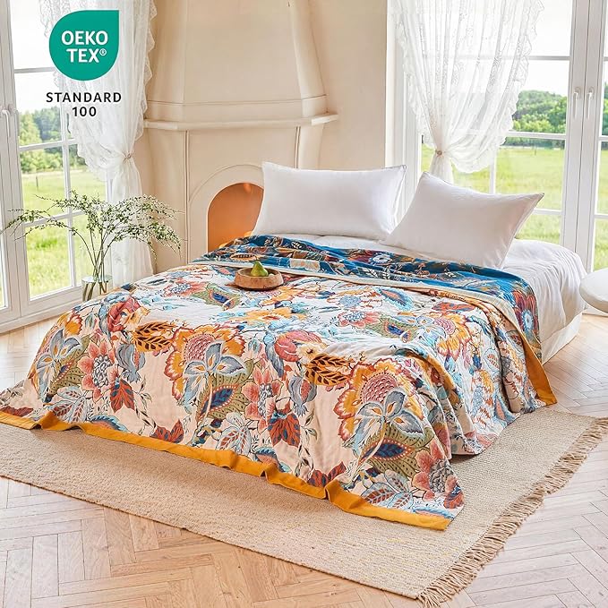 MSGKV Boho Throw Blanket 60"x80" Floral Cotton Blanket for Bed Couch Spring Breathable Lightweight Farmhouse Twin Blankets Home Decor Muslin All Seasons