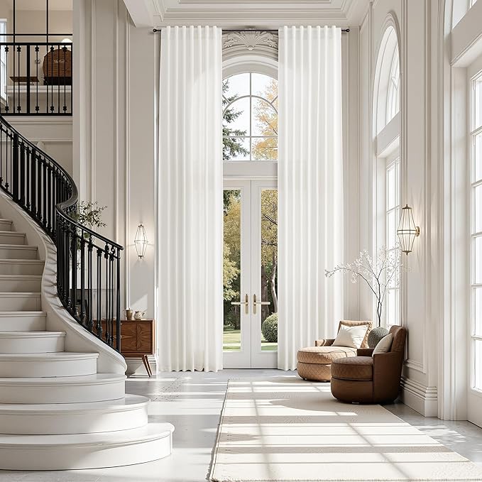 Extra Long Beige White Linen Curtains 144 Inch for Living Room 2 Panels Set Rod Pocket Back Tab Light Filtering Semi Sheer Curtain Privacy Floor to Ceiling High Ceiling Drapes for Farmhouse 52x144