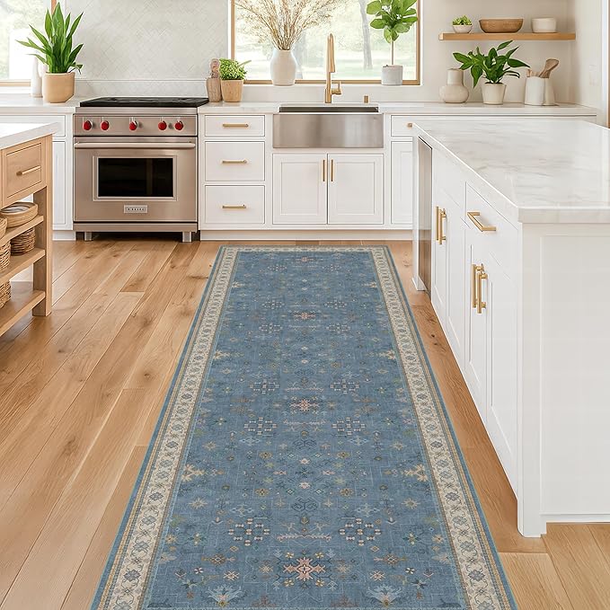 Blue Boho 2'6''x8' Wide Hallway Runner Rug - Washable Kitchen Sink Rug, Non Slip 8ft Long Runner Rug for Entryway, Colorful Modern Floral Print Home Décor