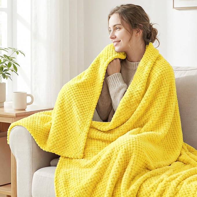 Exclusivo Mezcla Fleece Throw Blanket Extra Large, Super Soft and Warm Blankets for Couch, Sofa and Bed Waffle Textured, Cozy, Fuzzy and Lightweight (Vibrant Yellow, 50x70 Inches)