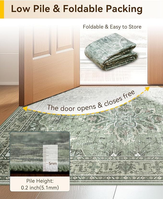 Area Rugs 2'x10' Runner Rug Non Slip Washable for Kitchen Hallway Bedroom Beside Laundry Room Bathroom Rug, Floor Carpet, Dark Green Gray