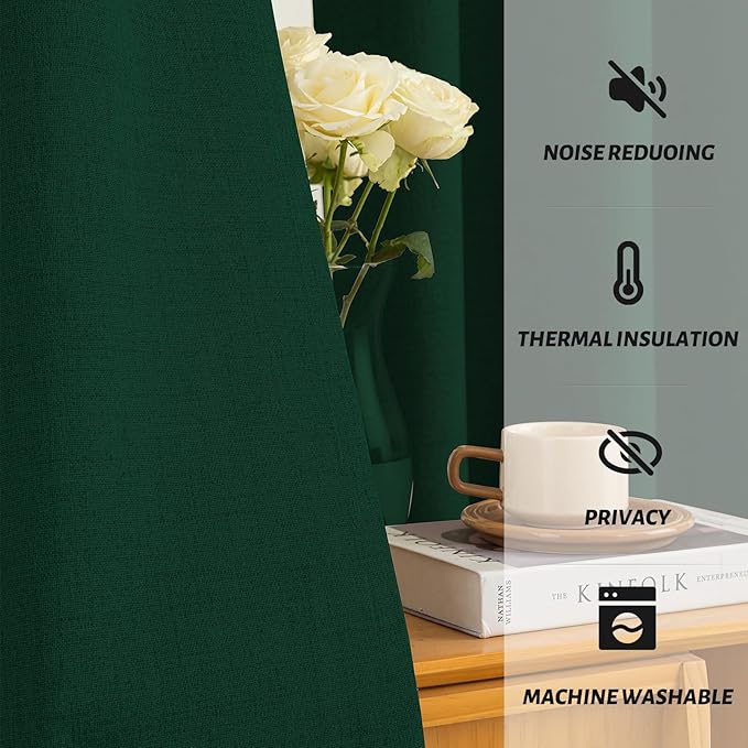 Yakamok Dark Green Linen Curtains 100% Blackout 96 Inches Long,Room Darkening Textured Drapes for Living Room Thermal Grommet Bedroom Curtains 2 Panels with White Liner