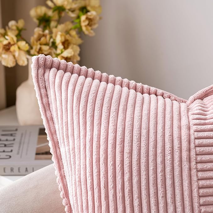 MIULEE Spring Decorative Throw Pillow Covers for Couch Bed Livingroom 20x20 Inch Set of 2 Pink Boho Accent Throw Pllows Broadside Striped Patchwork Soft Corduroy Pillowcases Valentine Decor