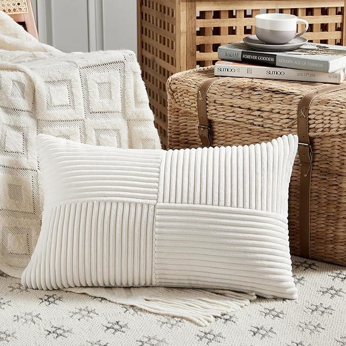 Fancy Homi 2 Packs Cream White Long Lumbar Decorative Throw Pillow Covers 16x24 Inch for Couch Bed Sofa, Rustic Farmhouse Boho Home Decor, Soft Striped Corduroy Rectangle Accent Cushion Case 40x60 cm