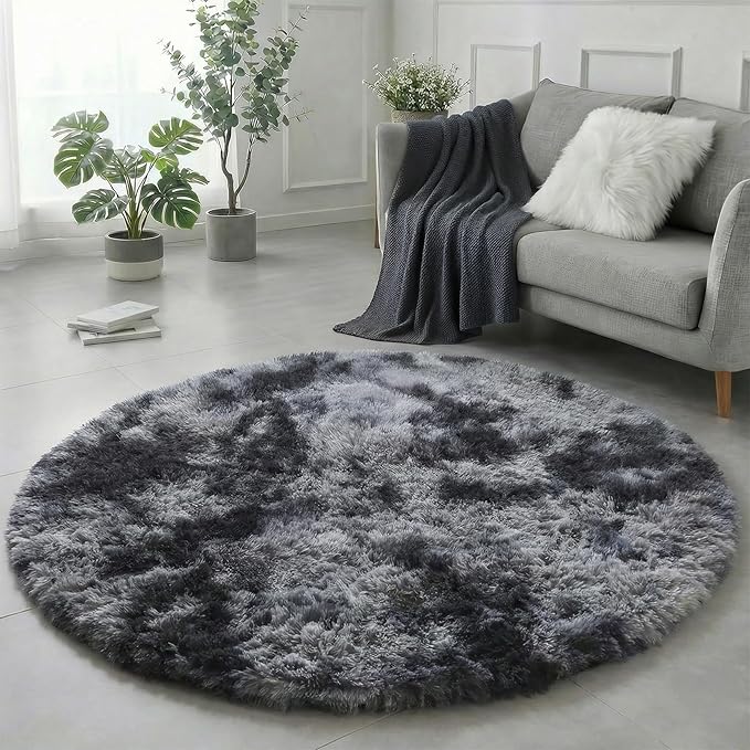 Amdrebio Tie-Dyed Dark Grey Round Rug 4Ft for Bedroom Dorm, Soft Furry Shaggy Circle Area Rugs for Living Room Office, Shag Fluffy Fuzzy Carpet for Kids Teen Boys Mens, Modern Cool Floor Circular Rug