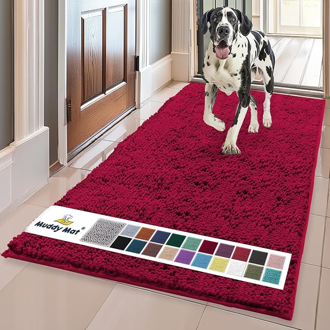 Muddy Mat® | Super Absorbent Door Mat Indoor, Microfiber Quick Dry Chenille Entryway Rug, Non-Slip Front Door Mat, Indoor Mats for Entryway, Machine Washable Pet Rug, Maroon 24"x60"