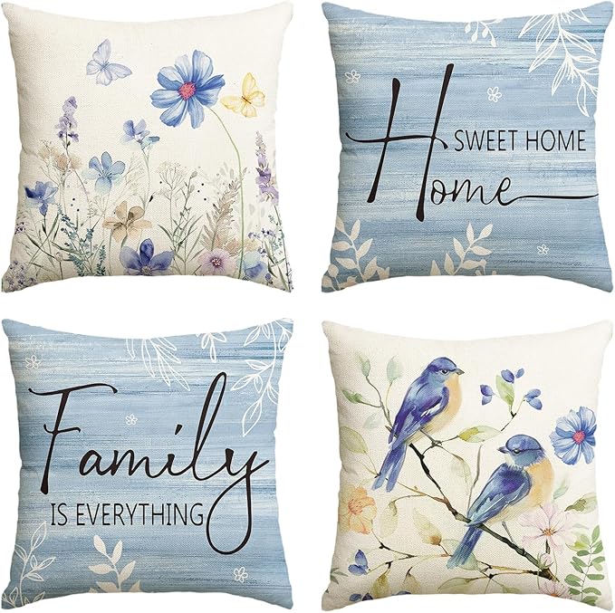 AVOIN colorlife Spring Saying Flowers Butterfly Bird Throw Pillow Covers, 18 x 18 Inch Home Sweet Home Blue Cushion Case for Sofa Couch Set of 4