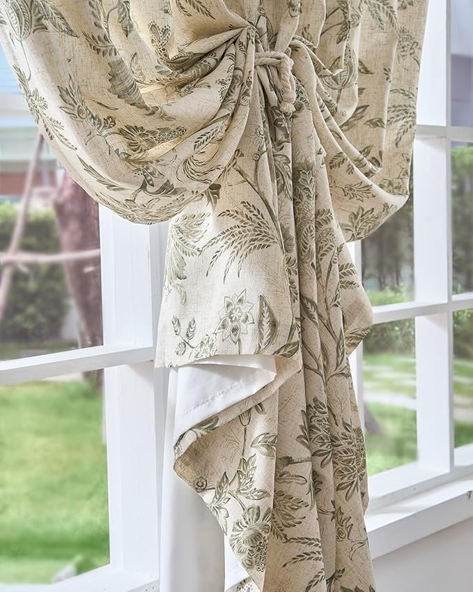 jinchan Lined Linen Floral Curtains for Living Room, 84 Inch Length Printed Flower Farmhouse Patterned French Country Back Tab Green Window Drapes Set Privacy Bedroom Curtains, 2 Panels